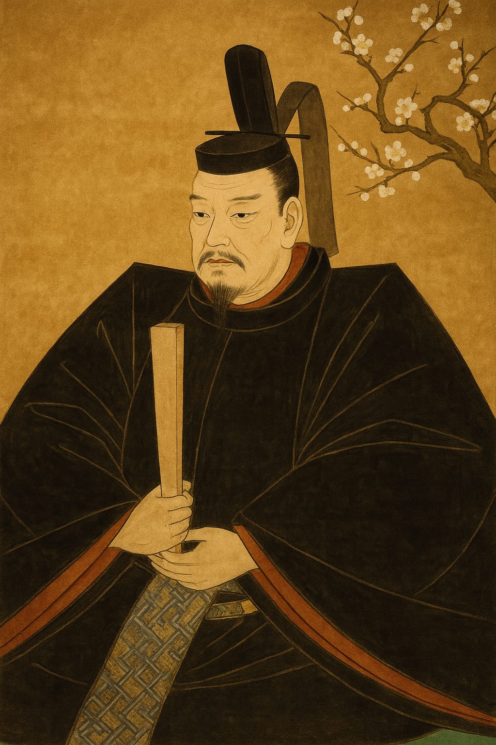 Traditional Japanese illustration of Sugawara no Michizane holding a wooden shaku, dressed in black court robes with plum blossoms in the background