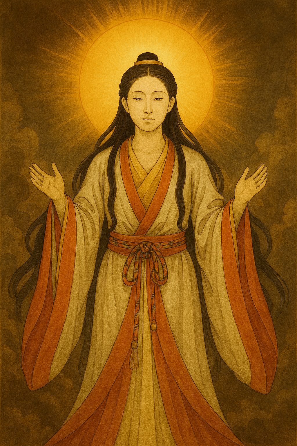 Illustration of Amaterasu, the Shinto sun goddess, depicted in a traditional Japanese style with a radiant golden aura