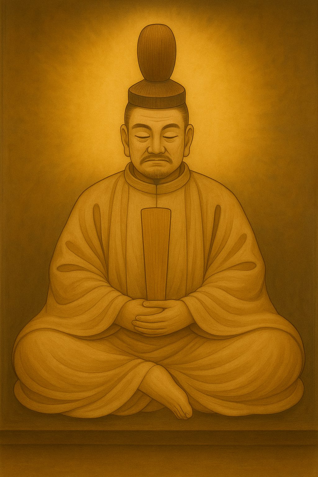 Portrait of Hachiman deity in traditional Japanese style, seated in meditation
