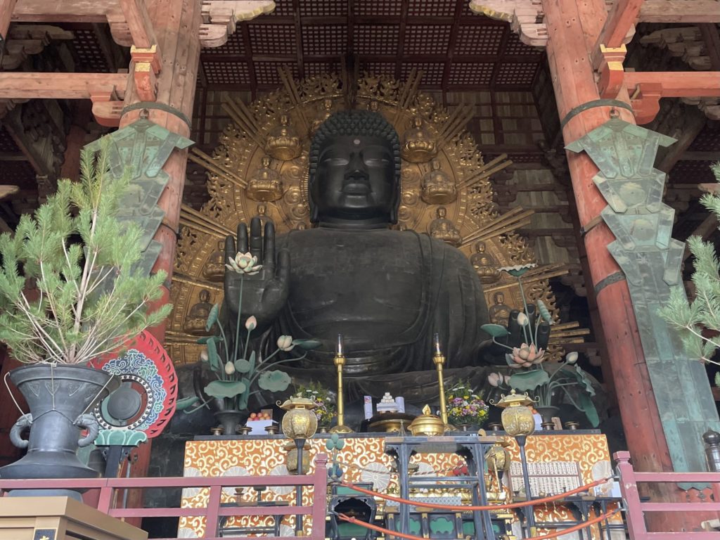 The Great Buddha (Daibutsu) of Tōdai-ji Temple in Nara, Japan, seated in quiet majesty inside the temple hall.